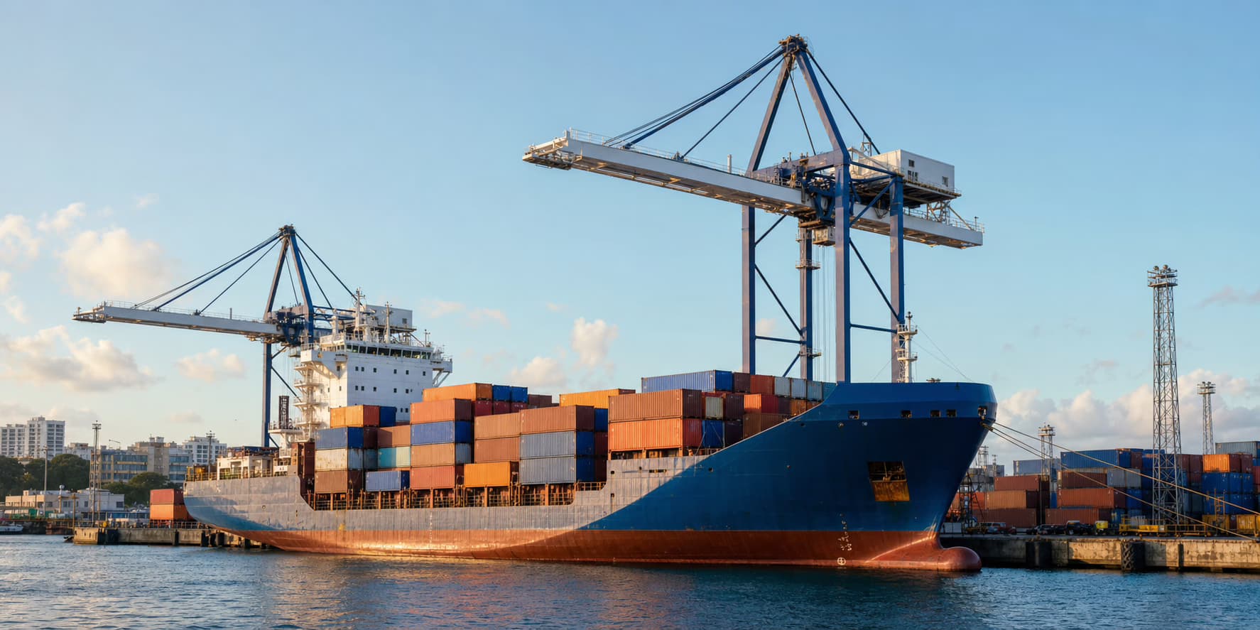 Container ship and handling cranes in port