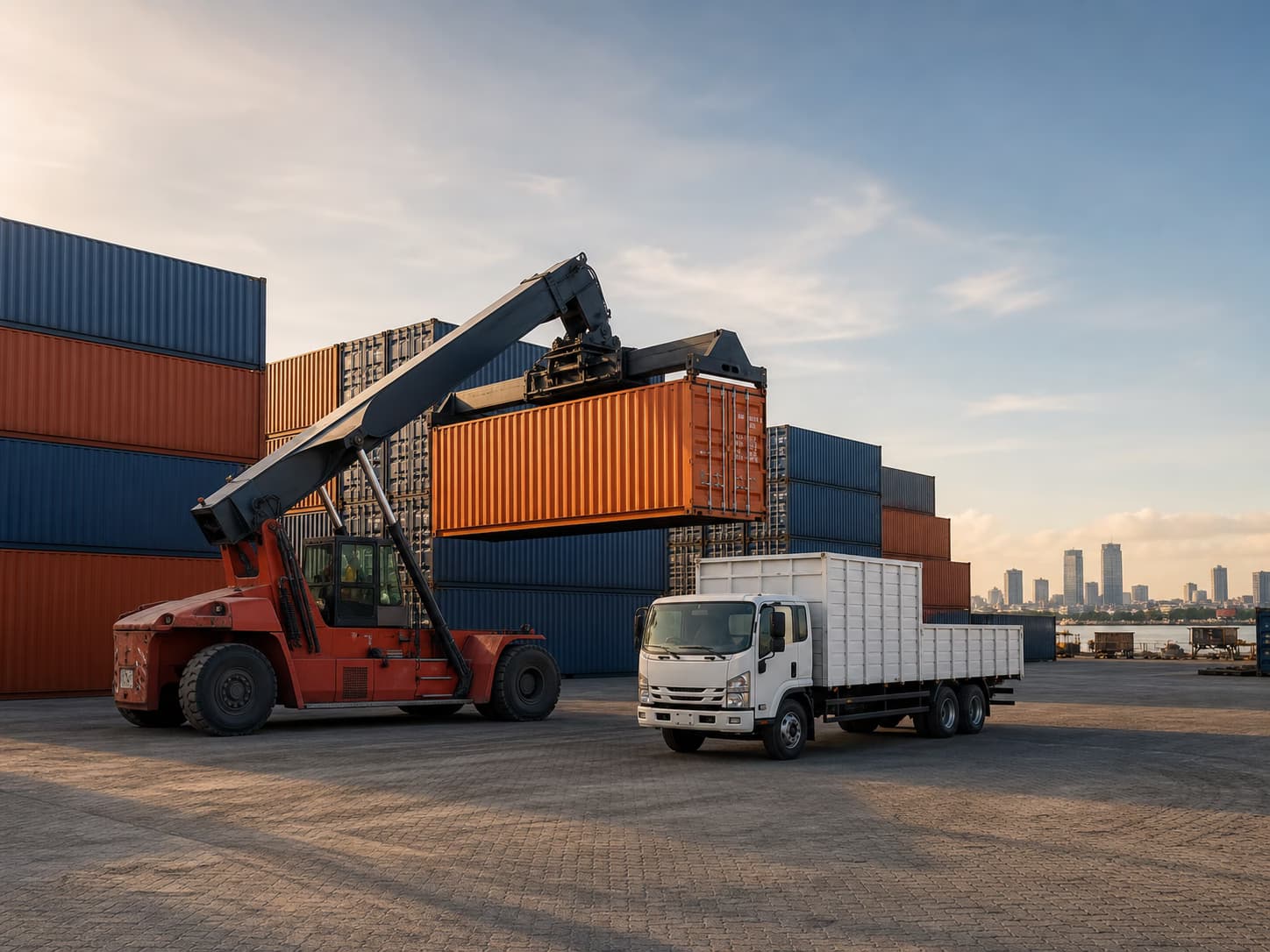 Container yard with a reach stacker and cargo truck in Dar es Salaam